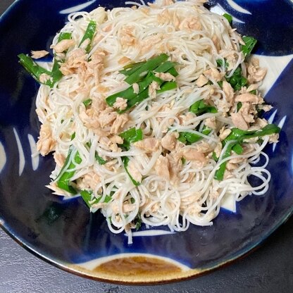 ツナ缶とニラのみのシンプルなそうめんチャンプルを作りました＾＾